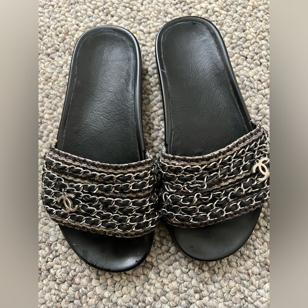 Authentic Chanel Tweed Leather Slides 36.5